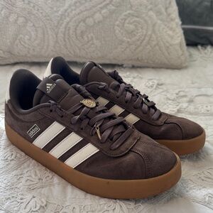 adidas Brown Suede Sneakers with White Stripes and Gum Sole